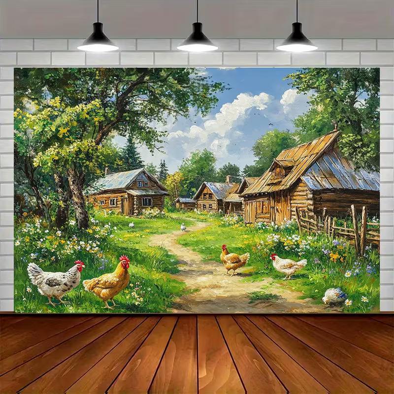 2D Farmyard Hen Pasture Portrait Photo Backdrop