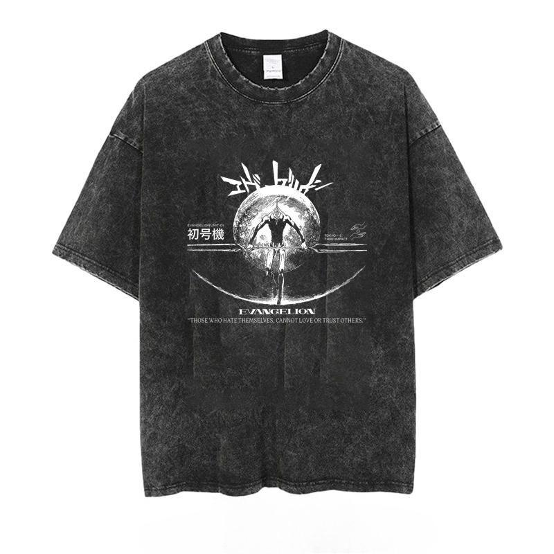 Anime Eva Men's T-shirt Washed Vintage Loose Summer Women's Printed Short-sleeved Tees Oversized Gym Y2k Clothes Harajuku Tops