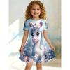 Girl Flower Unicorn Print T-shirt Dress, Children's Animal Enthusiasts Blue Watercolor Casual Dress Suitable for Birthday Gifts