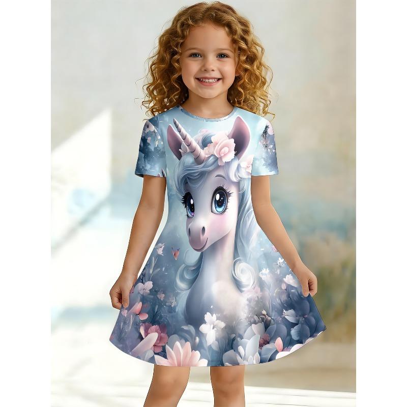Girl Flower Unicorn Print T-shirt Dress, Children's Animal Enthusiasts Blue Watercolor Casual Dress Suitable for Birthday Gifts