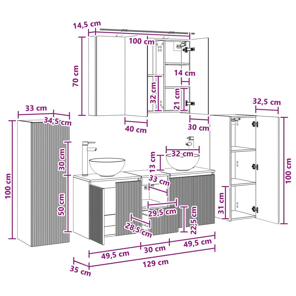 6 Piece Bathroom Furniture Set Gray Sonoma Engineered Wood and Glass
