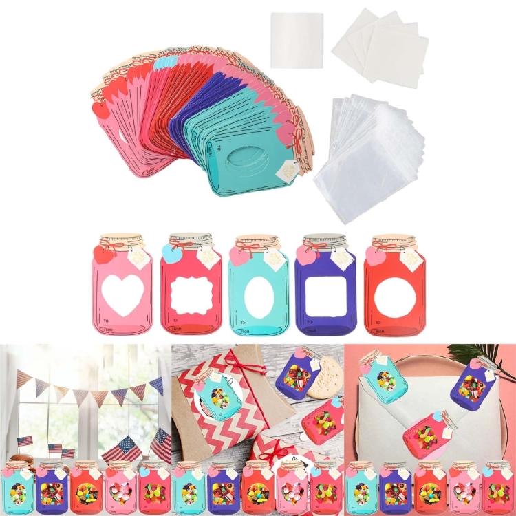 50pcs Valentines Card for Kids for School Kids Child Colorful Jar Candy Pouches