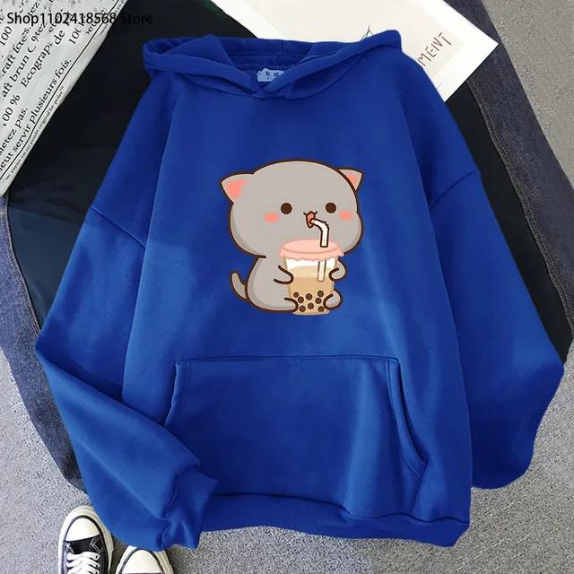 Peach Cat Love Boba Print Hoodies Bubble Tea Sweatshirt Girls Kawaii Cartoon Sudaderas Men's Tops Kawaii  Winter Clothes Women