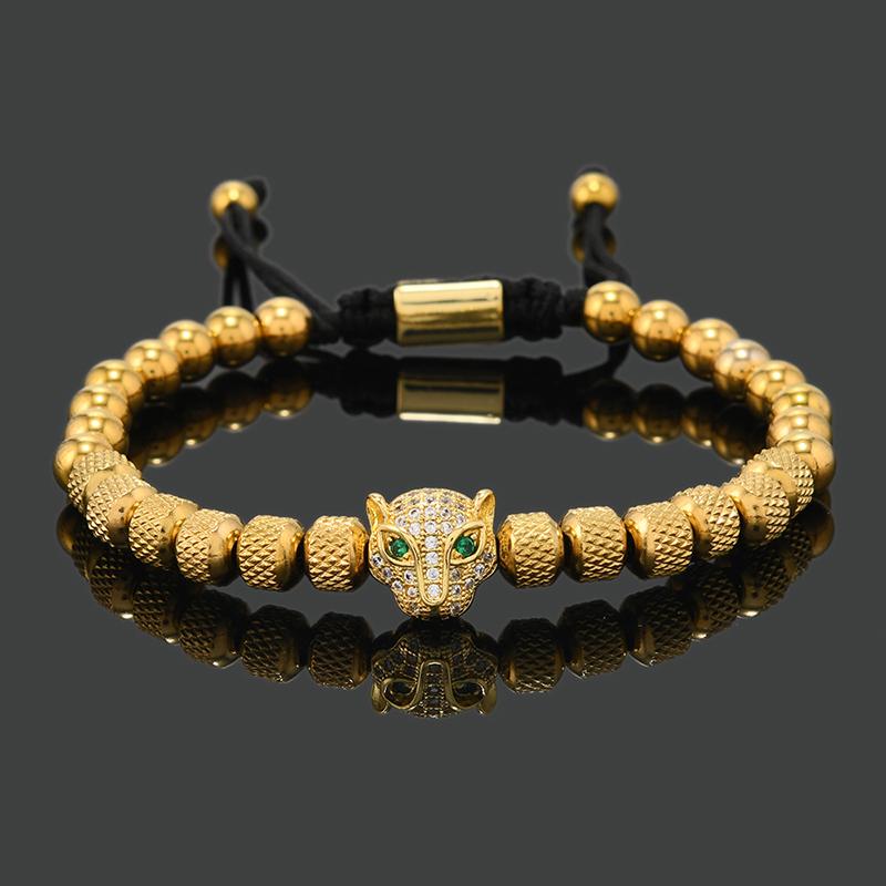 Bracciale da Uomo Lusso Testa di Leopardo Nero Reale Perline in Acciaio Inossidabile Gioielli Fatti a Mano Regalo per Ragazzo Grande