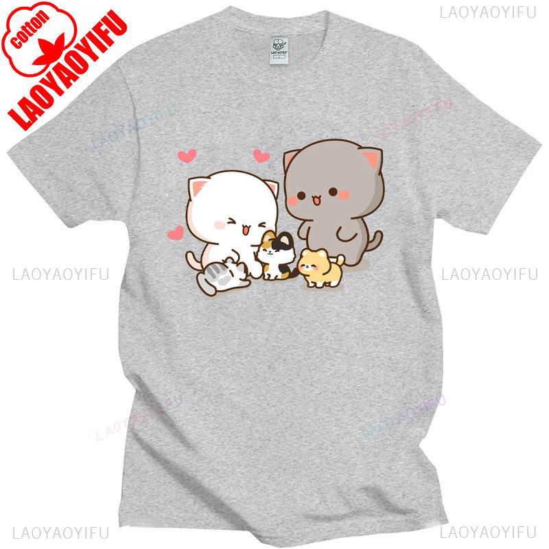 Pfirsich Katze Goma und Mochi Selfie T-Shirt Sommer Baumwolle Kurzarm T-Shirts Niedlicher Druck T-Shirt Mode Harajuku Lustige Partner Tops