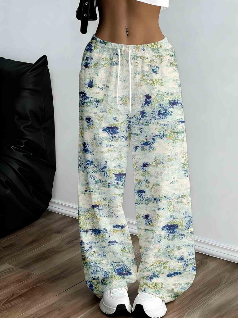 Women's floral print wide-leg sweatpants, comfortable drawstring waist loose-fitting casual pants