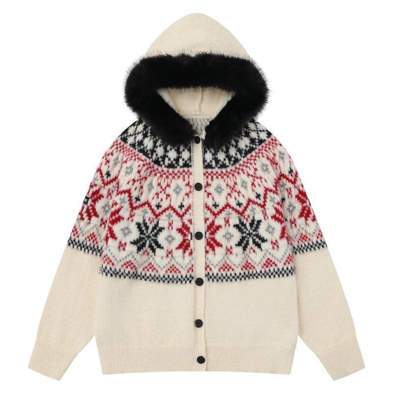51 Hip-Hop Fair Isle Snowflake Fur Collar Red Sweater Cardigan Unisex Winter Thick Lazy Hooded Knitted Jacket