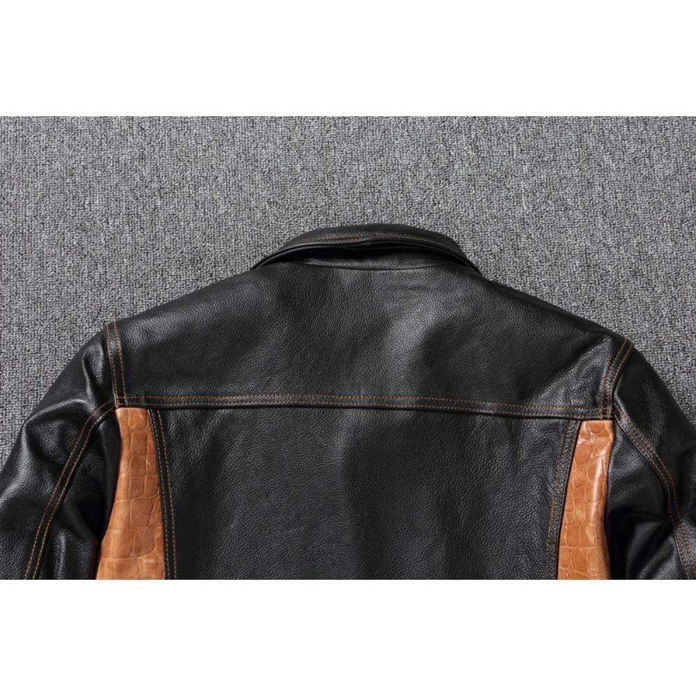 Chinese Size Cow Leather Patchwork Contrasting Lapel Leather Jacket for Men Casual Jacket Leather Coats Genuine Cowhide Leather Jacket Men