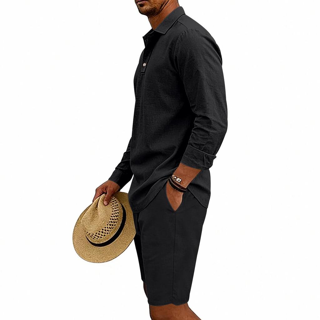 Men's Linen Summer Casual Long-Sleeve Polo Shirt and Shorts Set