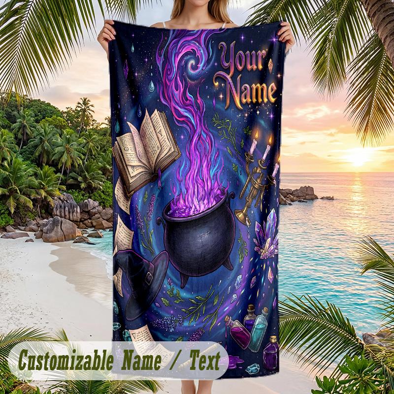 Witchcraft Theme Beach Towel Personalized Custom Name & Text Soft Quick Dry Beach Towel for Swimming Travel