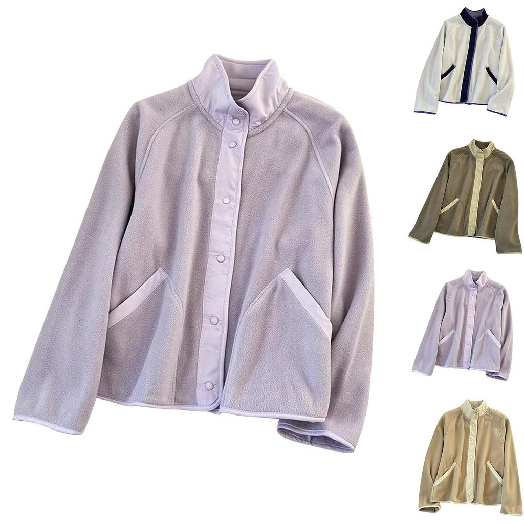Women's Casual Patchwork Stand-collar Solid-color Long-sleeve Coat