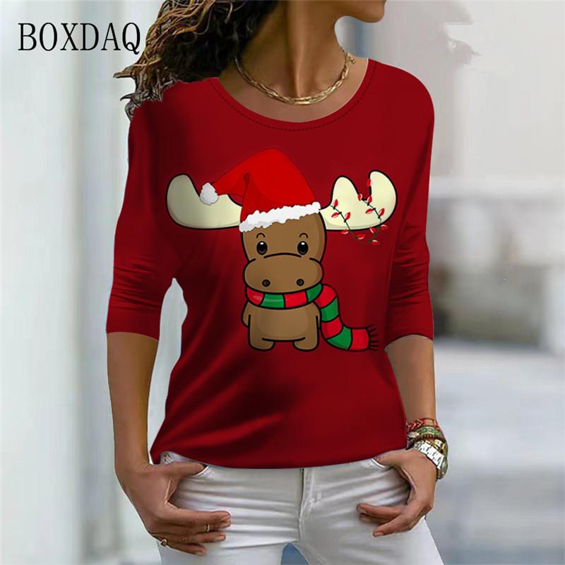 Santa Claus And Snowman Pattern Women Streetwear T-shirts Autumn Winter Long Sleeve 3d Print Christmas Style Ladies Casual Tops