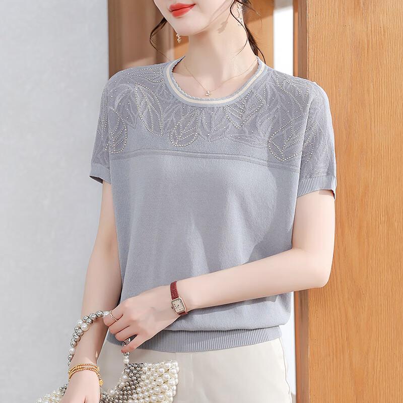 XUEXI Mom's Summer Ice Silk Knit Short-Sleeve T-Shirt