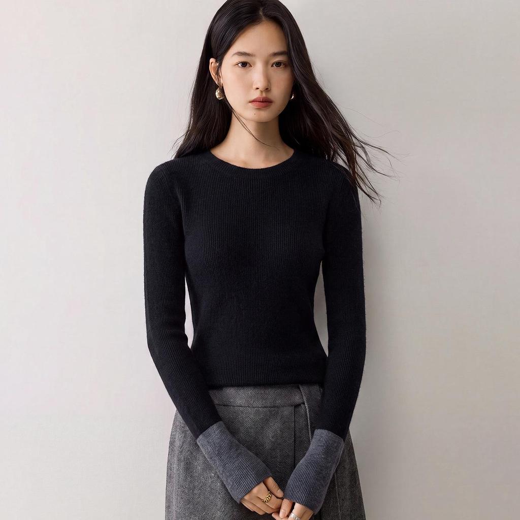 12-Gauge Cashmere Ribbed Slim-Fit Round Neck Base Layer with Contrasting Cuffs
