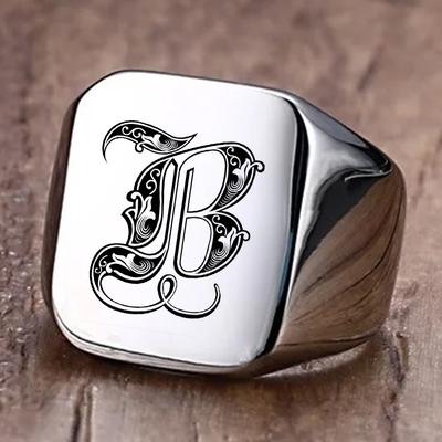 Anello Sigillo Retro con Iniziali per Uomo 14mm Voluminoso Pesante Timbro Fascia Maschile Acciaio Inossidabile Lettere Ciondolo Personalizzato Gioiello Regalo per Lui