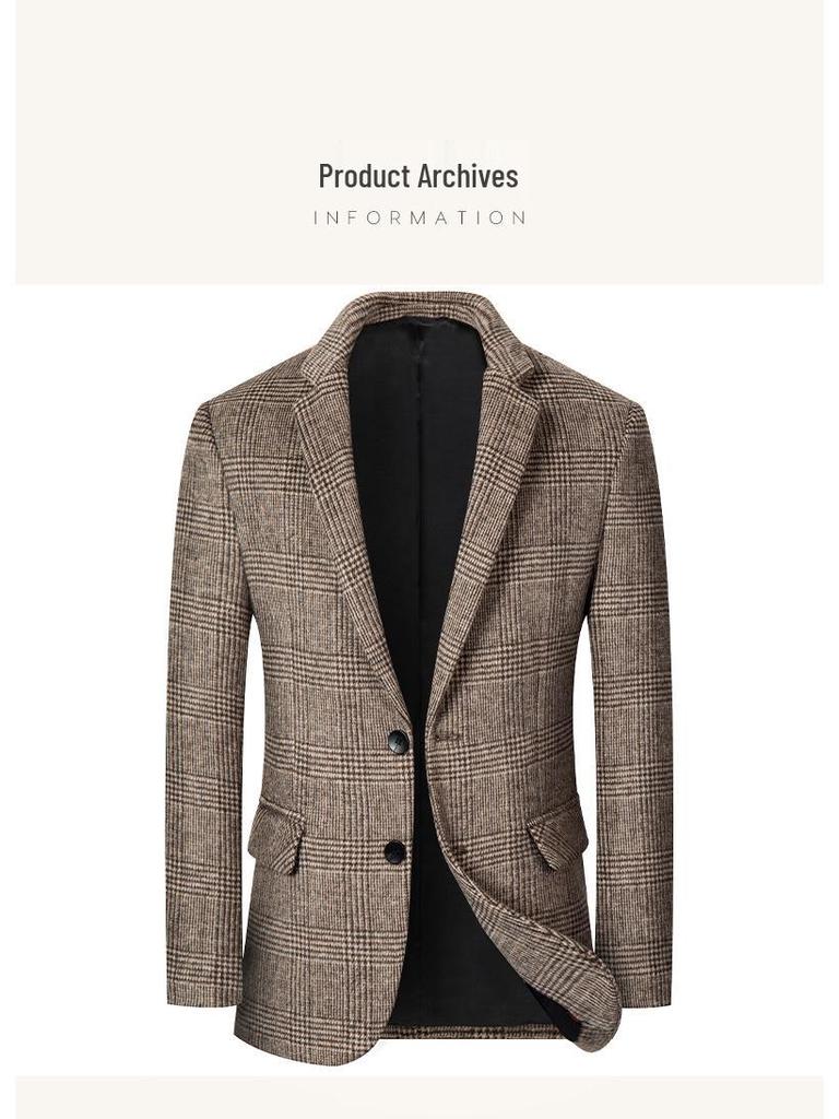 Autumn Winter Men's Plaid Wool Blend Slim Fit Suit Jacket - Business Casual Coats