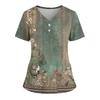 Women's Loose Short Sleeved Fashionable Flowers And Plants Printing V-neck Buttonable Side Slit Top T-shirt