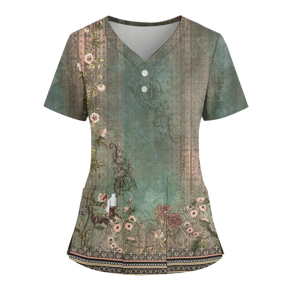 Women's Loose Short Sleeved Fashionable Flowers And Plants Printing V-neck Buttonable Side Slit Top T-shirt
