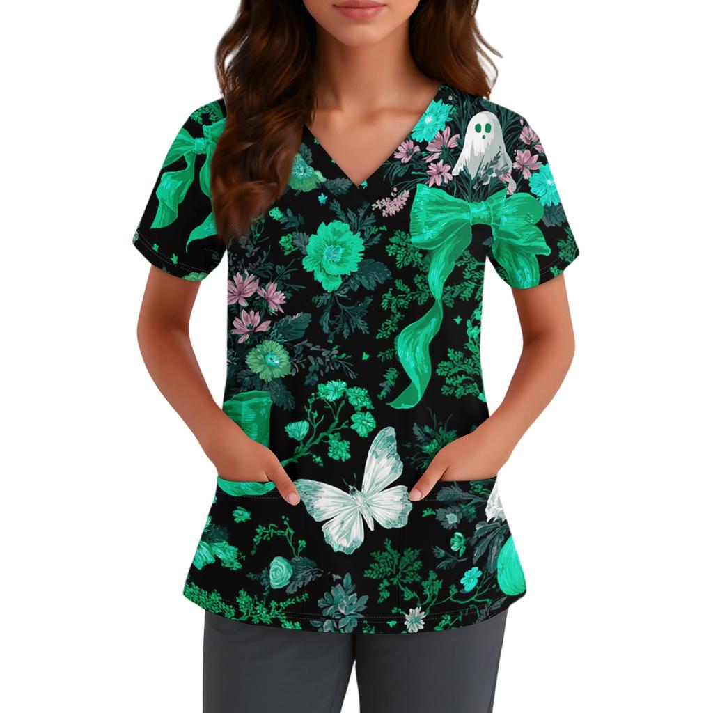 Women V Neck Short Sleeve Work Shirt with Pocket Halloween Printed Top for Nurse Healthcare Uniform Scrub Top