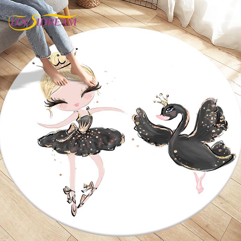 Cute Ballet Girl Ballerina Cartoon Round Area Rug,Carpet for Living Room Bedroom Sofa Playroom Decor,kid Play Non-slip Floor Mat