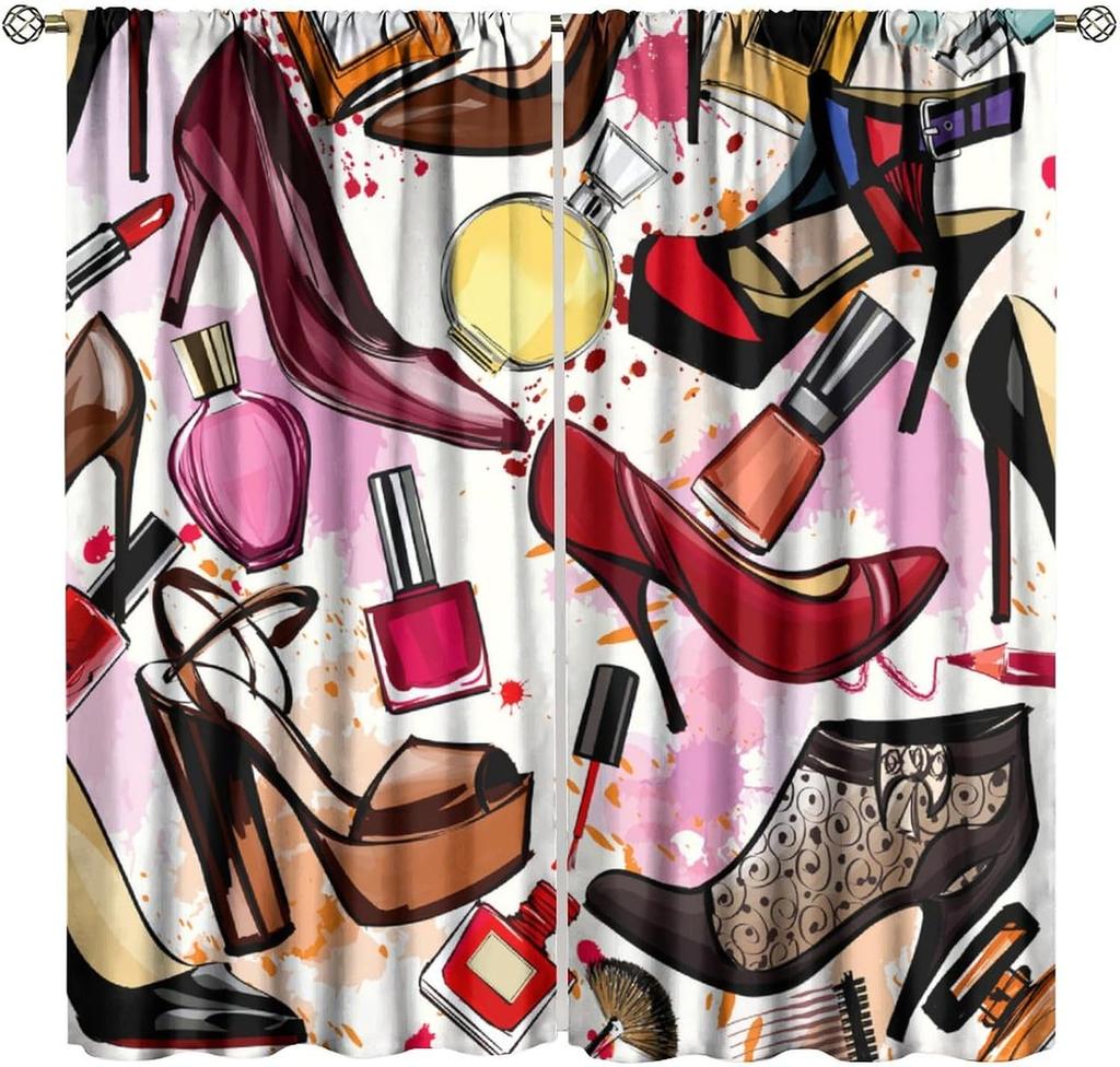 Fashion Makeup Curtains Pink Theme Lipstick Perfume Girl Makeup Blackout Window Treatment for Kids Girl Bedroom Cloakroom Decor