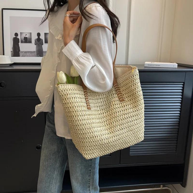 Womens Fashion Handmade Woven Straw Handbag Summer Holiday Beach Zipper Tote Top-Handle Bags Large Capacity Bucket Shoulder Bags