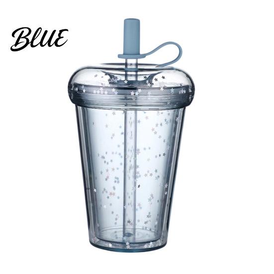 Outdoor Outing Water Container Transparent Straw Cup with Sequins Decor And Leak Proof Reusable Bubble Tea Cup Lid Plastic Sippy for Students Teens