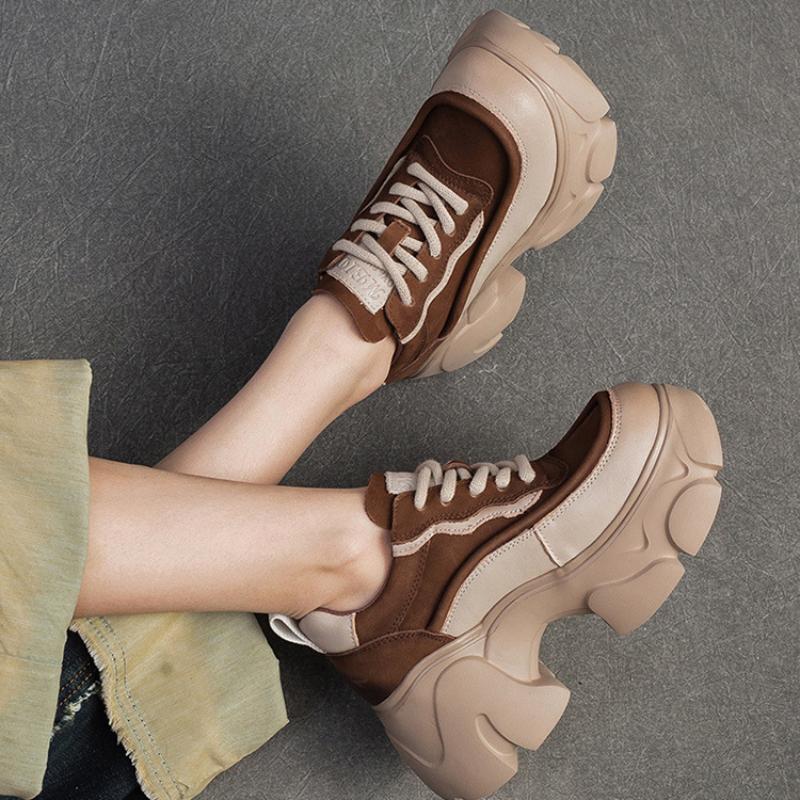 Johnature Thick Soled Heightening Pumps Genuine Leather Lace-up Versatile Retro Women's Platform Shoes