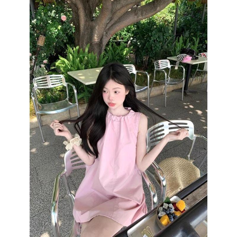Kumikumi Sweet Age-Reducing Pink Sleeveless Dress Women Summer Simple Flower Bud Skirt Vest Skirt Casual Short Dress