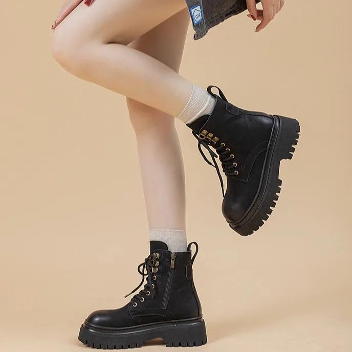 Women Fashion Leather Ankle Boots Autumn Winter Woman Hiking Thick Heels Platform Shoes Motorcycle Boots British Work  Boots