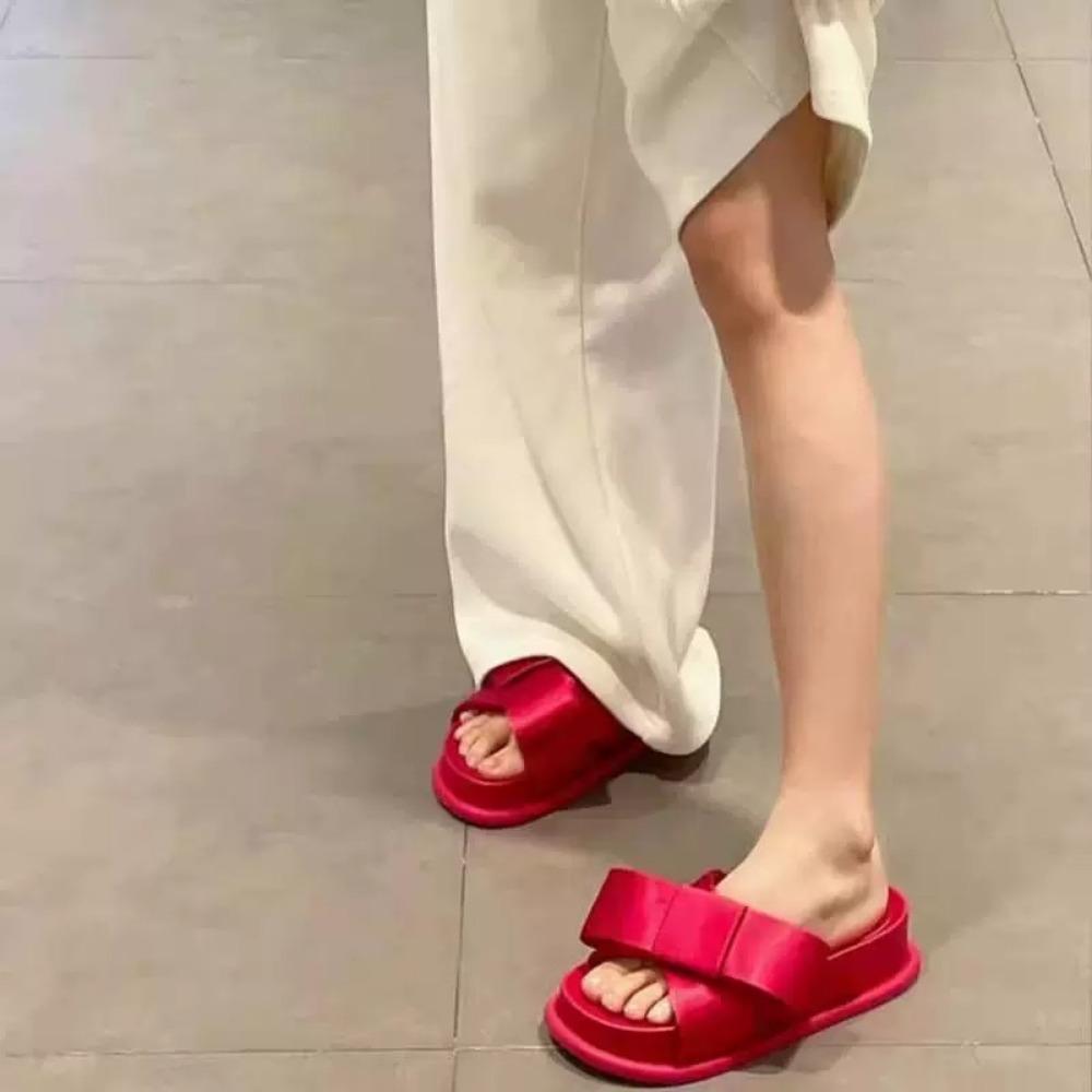 Fashion Women's Slippers 2025 Summer New Round Headed One-piece Slippers Womens Genuine Leather French Large Bow Thick Soled Women Shoes