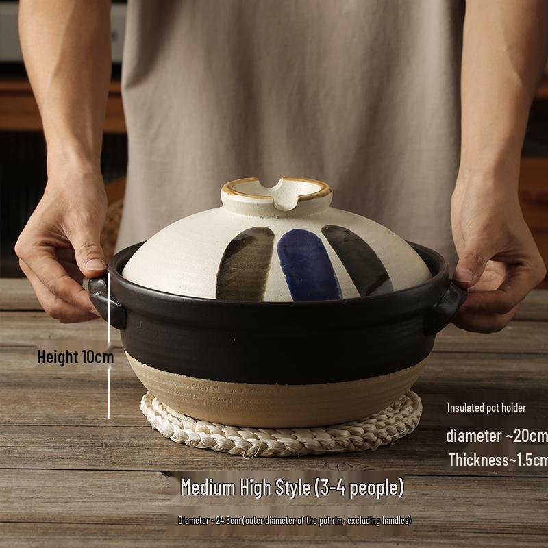 Japanse Keramische Kleipot: Multi-Use Stoofpot, Rijstkoker, Gas- en Inductiekookplaat - Kleine Maat Steen en Platte Pan voor Soepen.