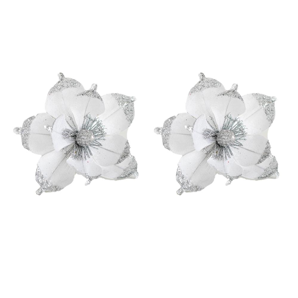 

2pcs Christmas Glitter Magnolia Flowers Fake Christmas Floral Decorative Ornament for Xmas Tree Wreath Party Holiday Decor