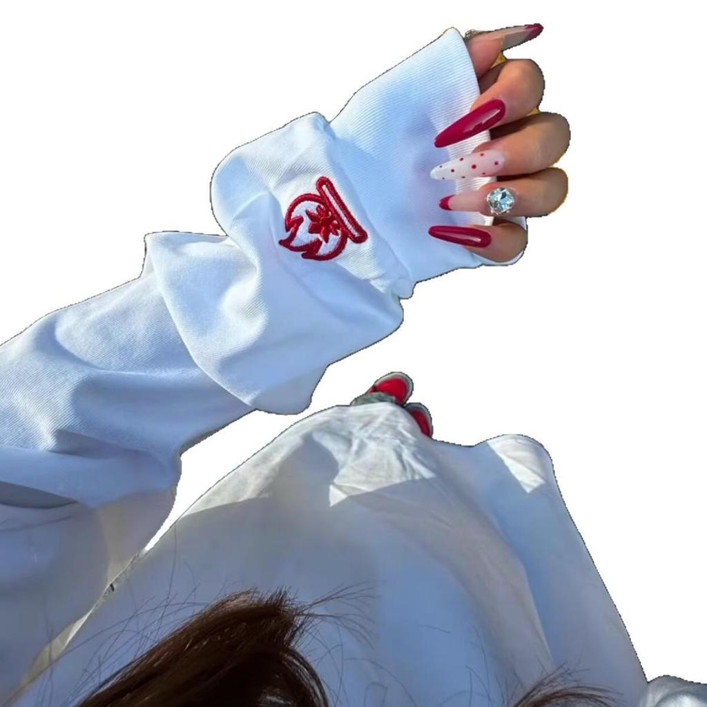 Unisex bluza z haftem płomienia - jesienno-zimowa koszulka z długim rękawem, luźny krój, warstwa bazowa