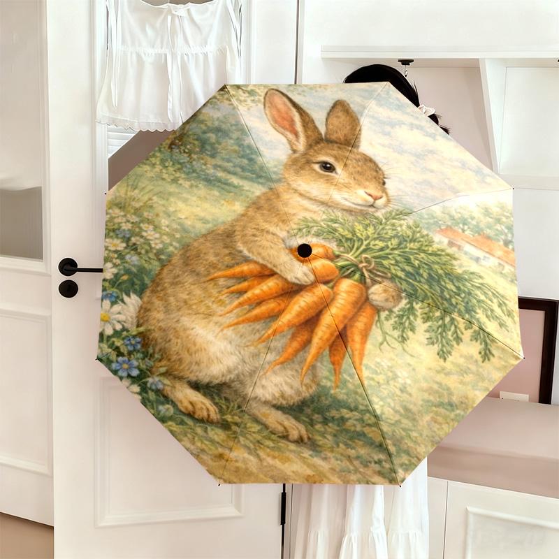 1PC Rabbit Carrots Garden Scene Automatic Umbrella - Suitable Travel Outdoor Portable Umbrella Birthday Gift Daily Essentials