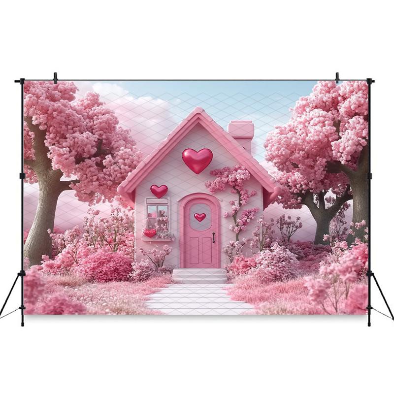 Mocsicka Valentine's Day Photo Backdrop Pink House Tree Balloons Flowers Wallpaper Decorations Wedding Backgrounds Studio Banner
