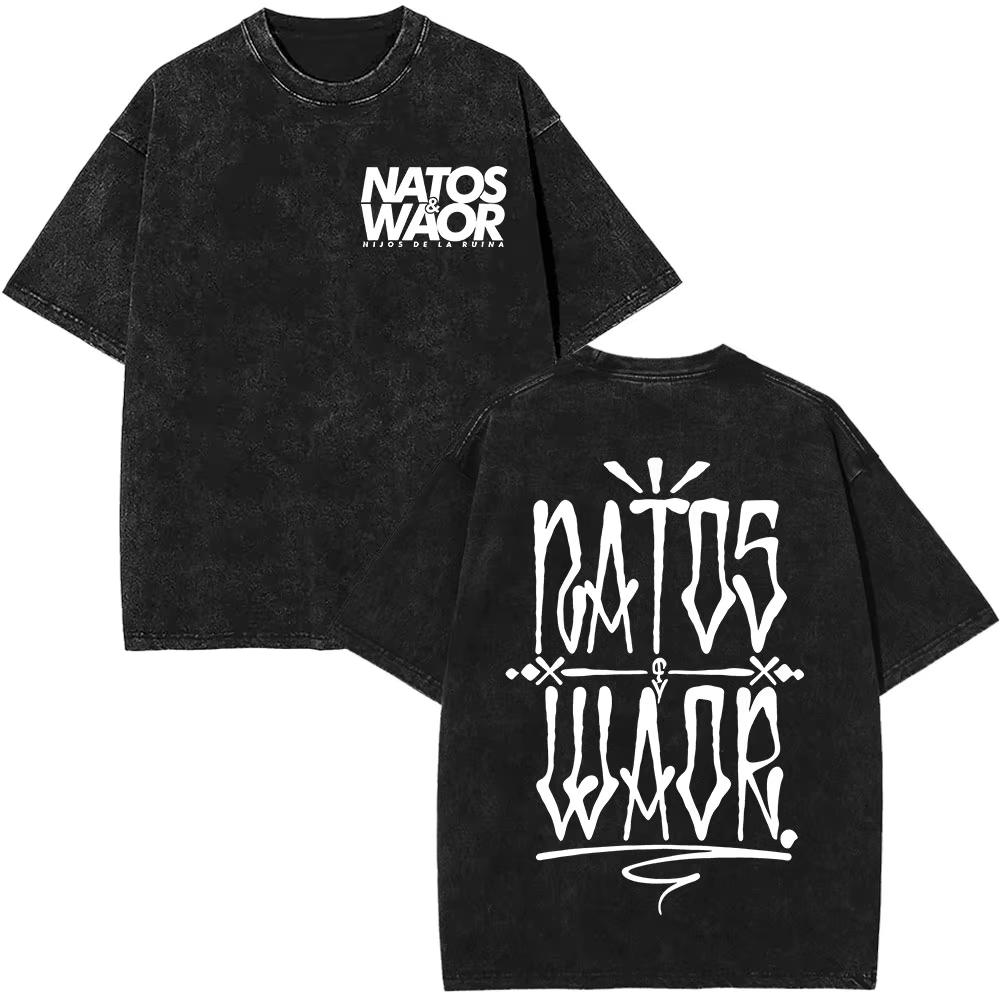 Natos & Waor Vintage Washed Graphic T‑Shirt Unisex Cotton Crew Neck Short Sleeve Double Sided Print Tees for Hip Hop Rap Fans Men Women