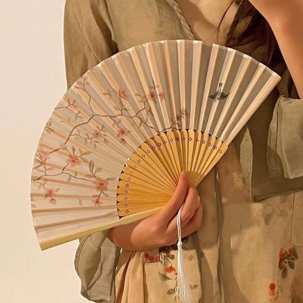 Durable Chinese Style Folding Fan Flower Pattern Decorative Bamboo Fan with Tassel Elegant Handheld Fan Photo Props