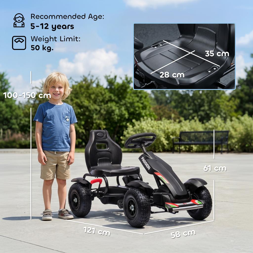 Go-kart a pedali in metallo per bambini con sedile regolabile pneumatici gonfiabili nero