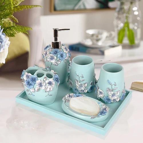 Resin Bathroom Set Toiletries Bathroom 5-piece Set with Rectangular Tray Lotion Bottle Toothbrush Holder Mouth Cup Soap Dish