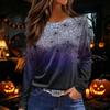 Women's Halloween Print Long Sleeve Round Neck Top with Hem Slit