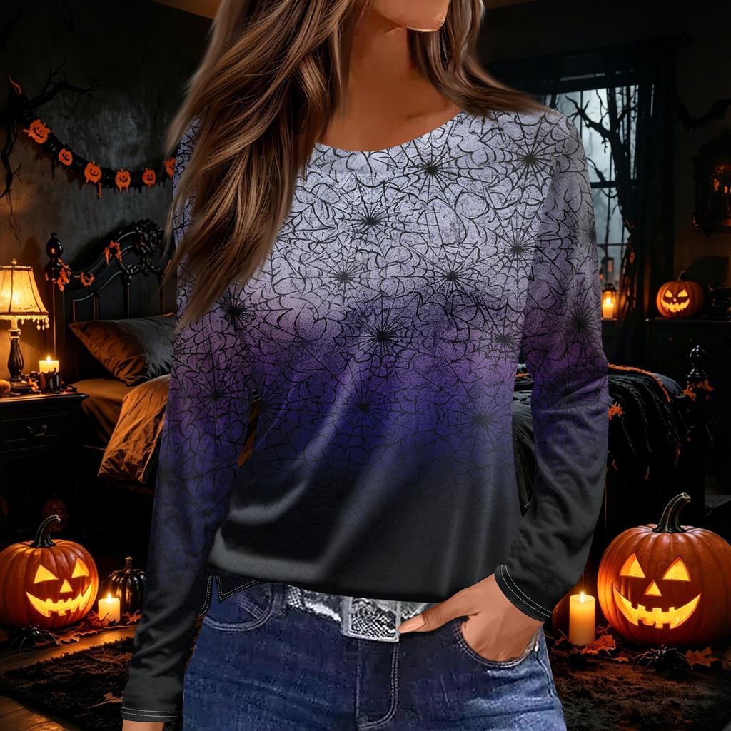 Women's Halloween Print Long Sleeve Round Neck Top with Hem Slit