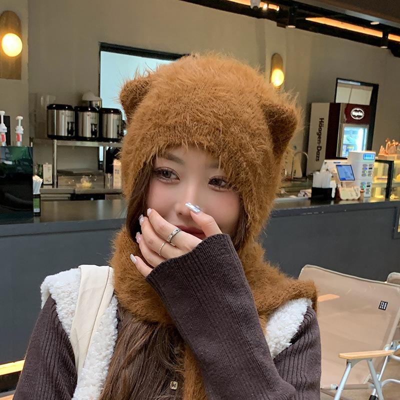 Bear ears wool hat women's autumn and winter thermal belt scarf cover cold hat simple and fashionable ear protection plush knitted hat