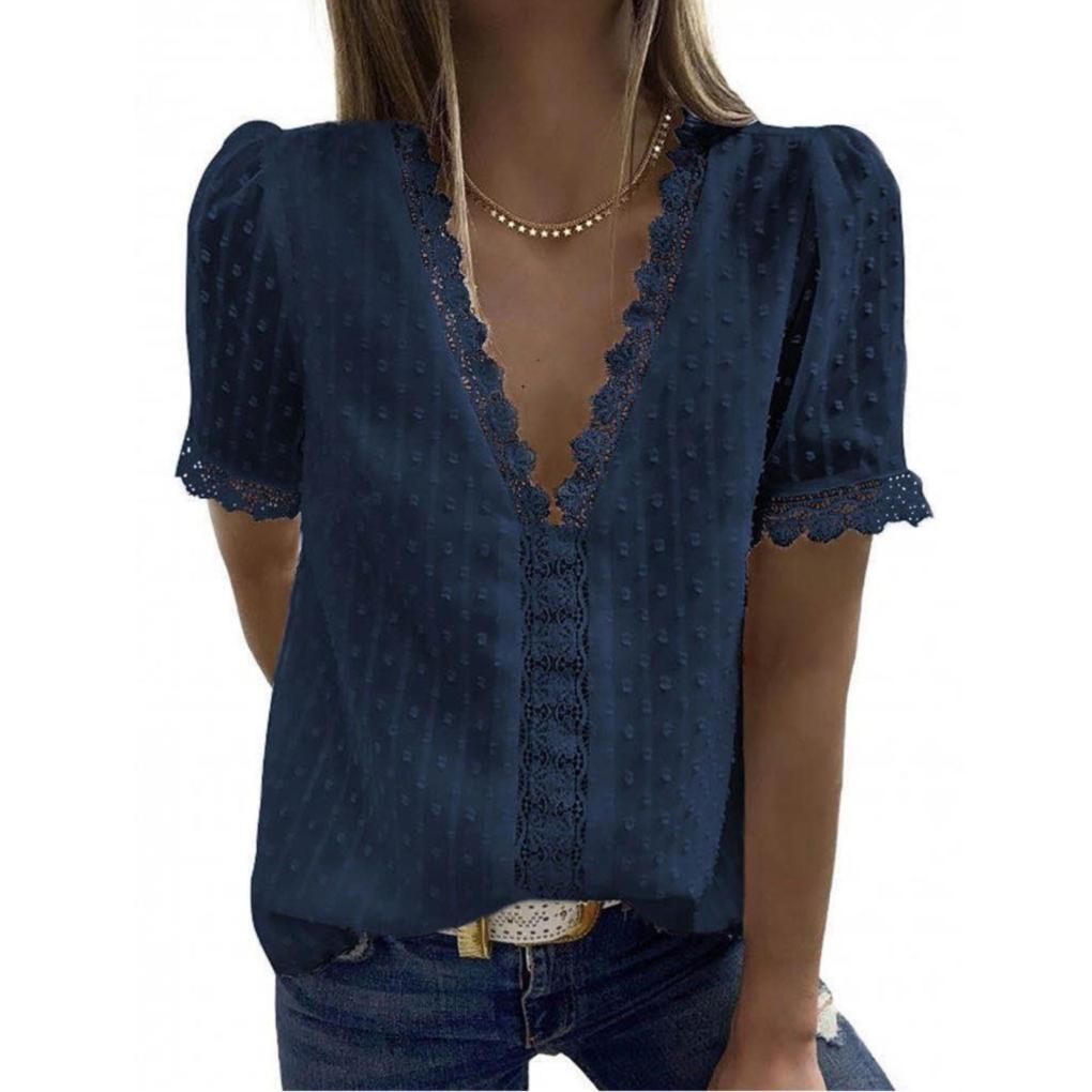 Woman T-shirt Short Sleeve V Neck Solid Color Casual Breathable Lace Loose Blouse Travelling Dating Working Shirt Clothing