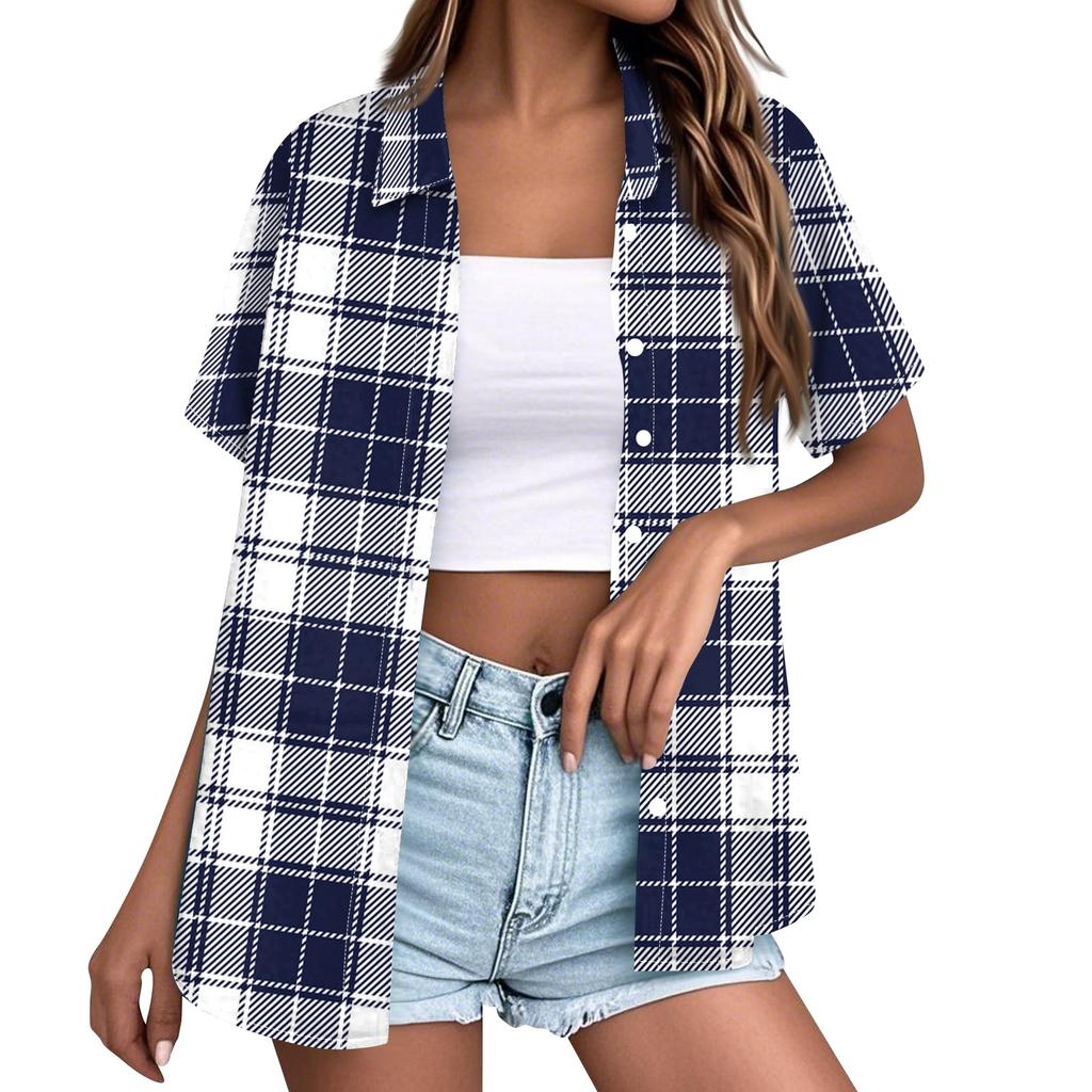 Women Casual Loose Fit Short Sleeve Button Down Collar Shirt Plaid Pattern Lightweight Summer Top