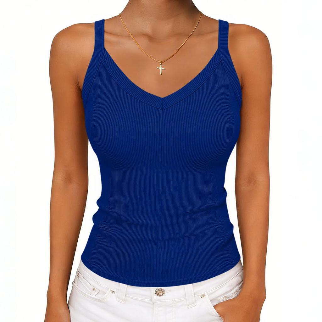 Women's V-neck Ribbed Knit Fitted Sleeveless T-Shirt
