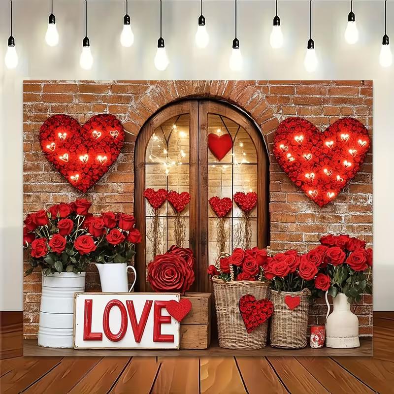 2D LOVE Sign Red Floral Brick Wall Backdrop Valentine's Party Background