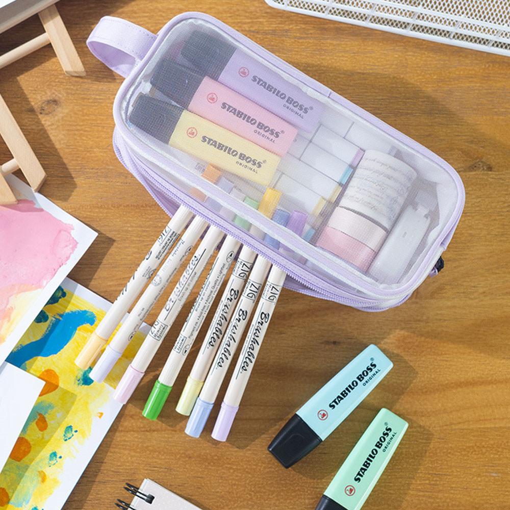 Large Grid Mesh Pencil Case 2 Compartment Pen Bag Clear Handheld Multifunction Pencil Pouch Transparent Makeup Bag for Children
