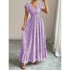 Summer Floral Printed Long Dress with Ruffled Short Sleeved V-neck Fashion Big Swing A-line Holiday Party Dress Elastic Waist Loose Casual Clothing