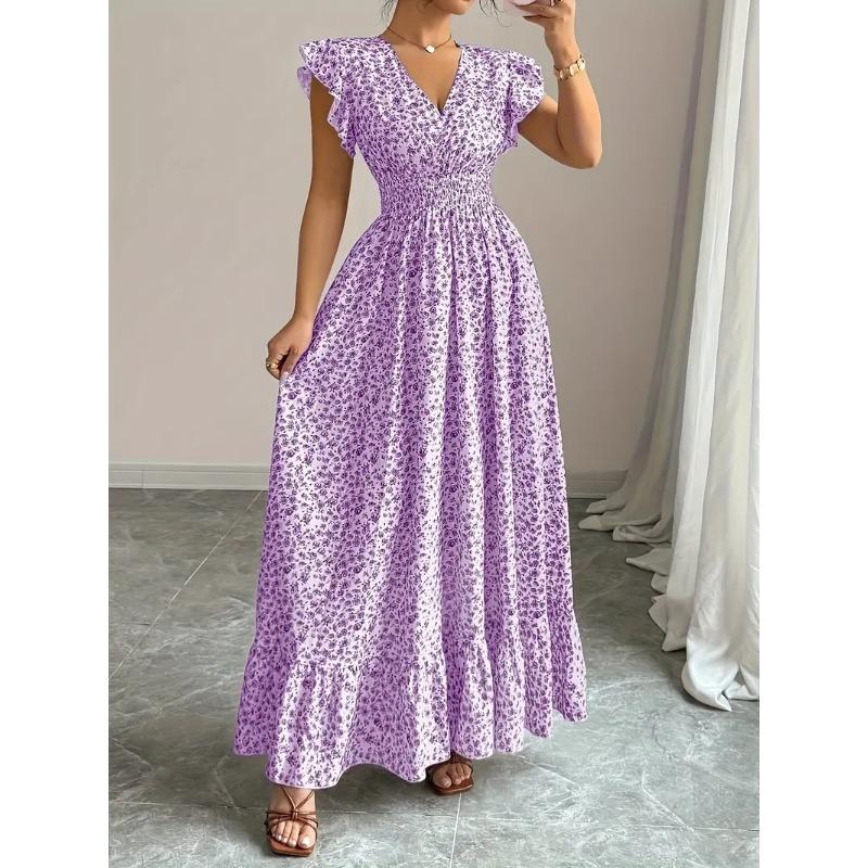 Summer Floral Printed Long Dress with Ruffled Short Sleeved V-neck Fashion Big Swing A-line Holiday Party Dress Elastic Waist Loose Casual Clothing